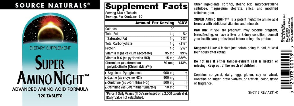 Source Naturals Super Amino Night - Fórmula Avanzada de Aminoácidos* - 120 Comprimidos