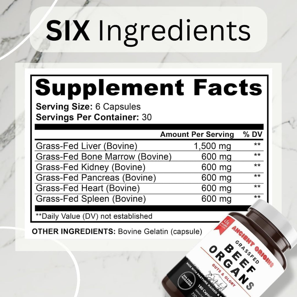Ancient Origins Suplemento de Órganos de Res Grass Fed 4500 mg - Hígado, Médula Ósea, Corazón, Bazo, Páncreas y Riñón, No Transgénico, Sin Gluten, Sin Desgrasar (180 Cápsulas, 750 mg cada una)