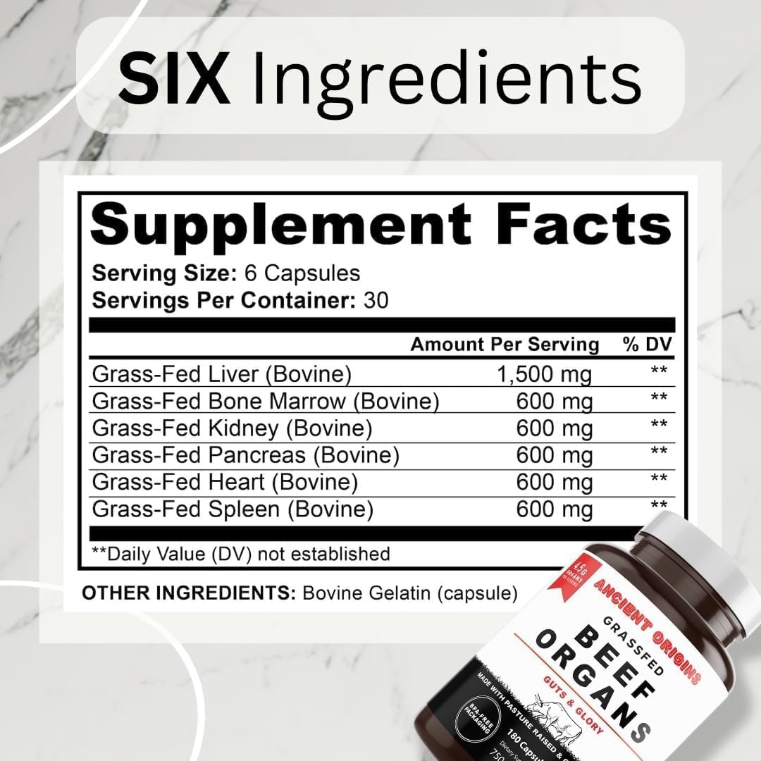 Ancient Origins Suplemento de Órganos de Res Grass Fed 4500 mg - Hígado, Médula Ósea, Corazón, Bazo, Páncreas y Riñón, No Transgénico, Sin Gluten, Sin Desgrasar (180 Cápsulas, 750 mg cada una)