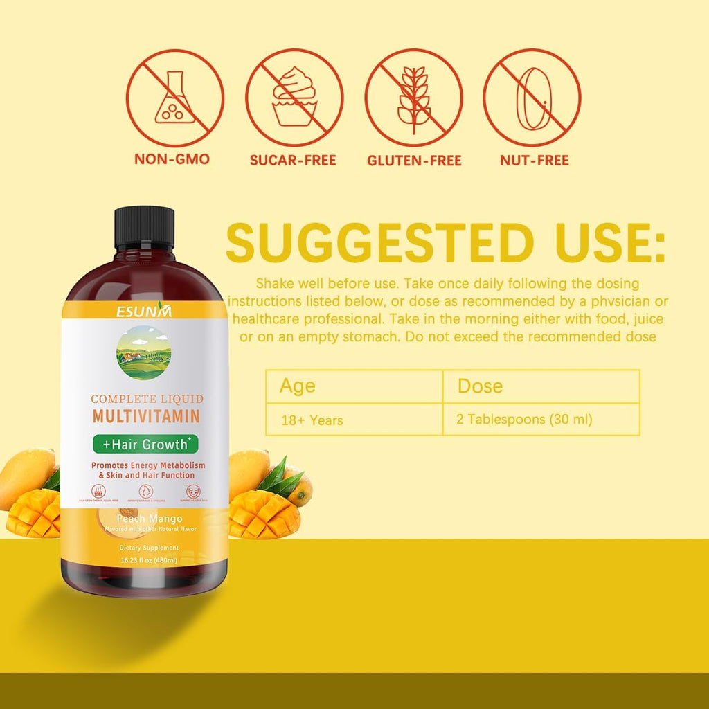 ESUNM Multivitamínico Líquido Completo - Apoyo para Cabello, Piel y Energía - 480 ml