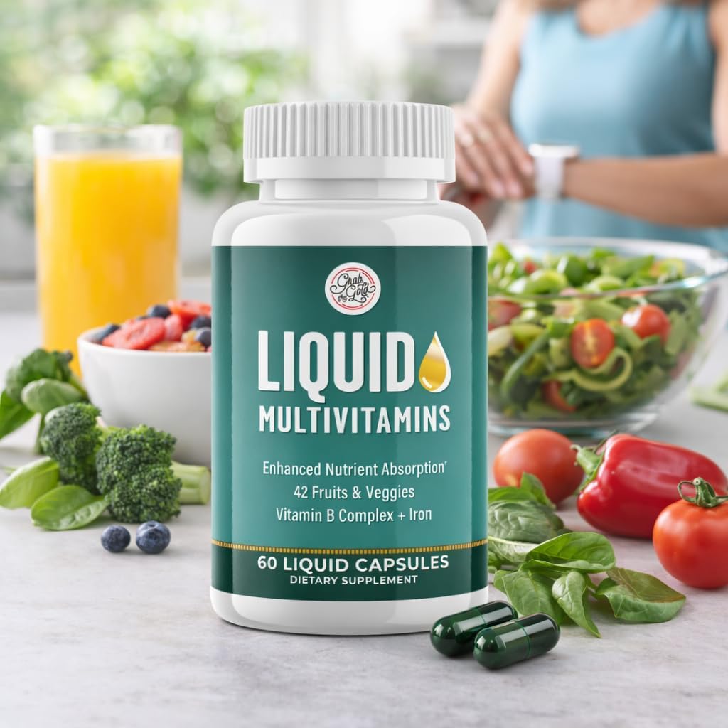 Grab The Gold Multivitamínico Líquido para Mujeres - Cápsulas de Absorción Rápida con 42 Frutas y Verduras, Hierro y Antioxidantes