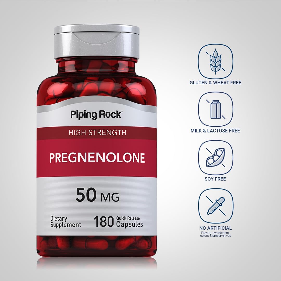 Piping Rock Pregnenolona 50 mg | 180 Cápsulas | Suplemento para Apoyo Hormonal | Sin OGM, Sin Gluten