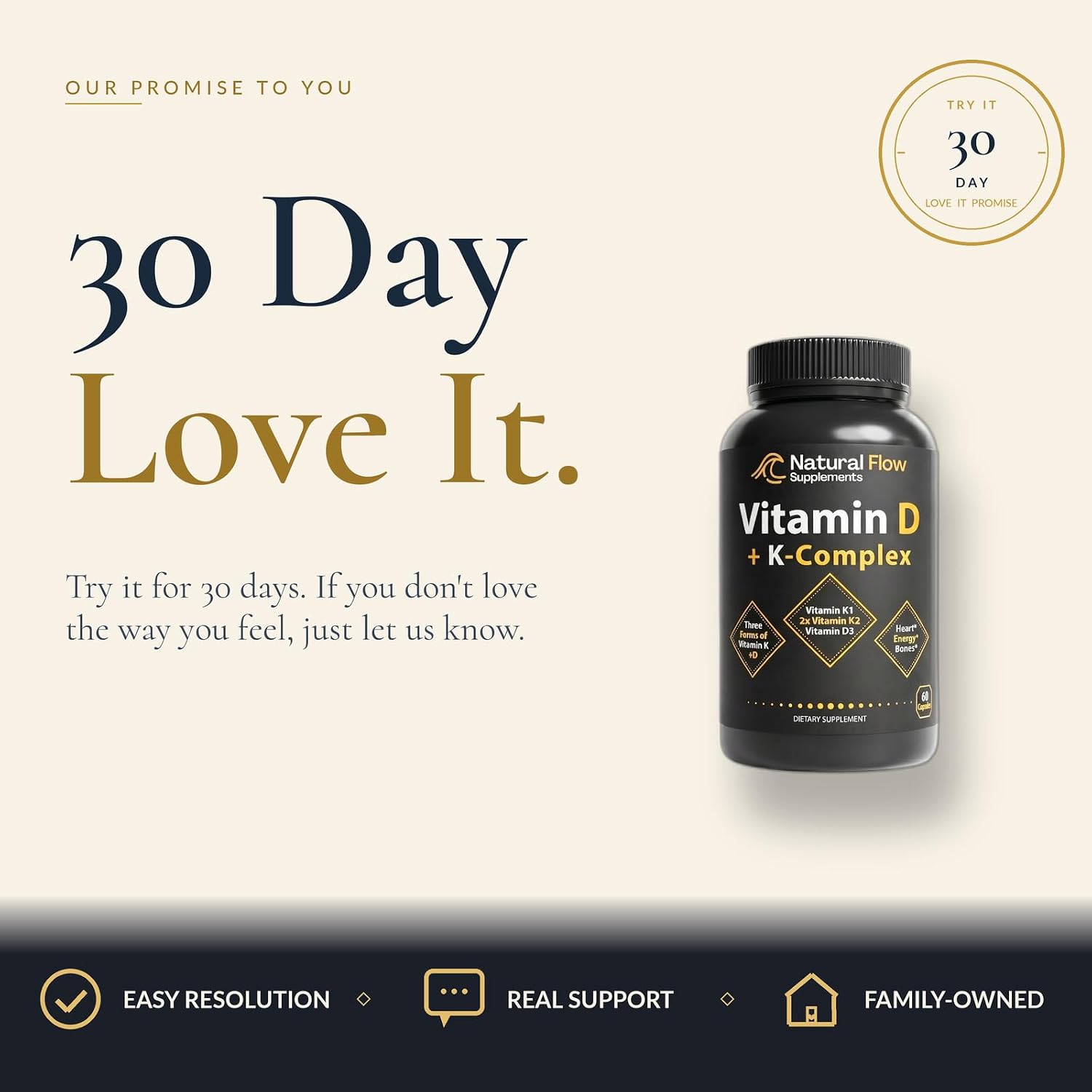 Natural Flow Vitamin D3 with K2 Complex — 5,000 IU D3 + Full K-Complex (K1, MK-4, MK-7) + FOS — Bone, Heart & Immune Support — Vegetarian, USA Made, 60 Capsules
