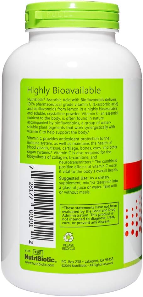 NutriBiotic - Ácido Ascórbico con Bioflavonoides en Polvo, 454 g | 2000 mg de Vitamina C con Complejo de Bioflavonoides de Limón | Vegano, Sin Gluten y Sin OGM