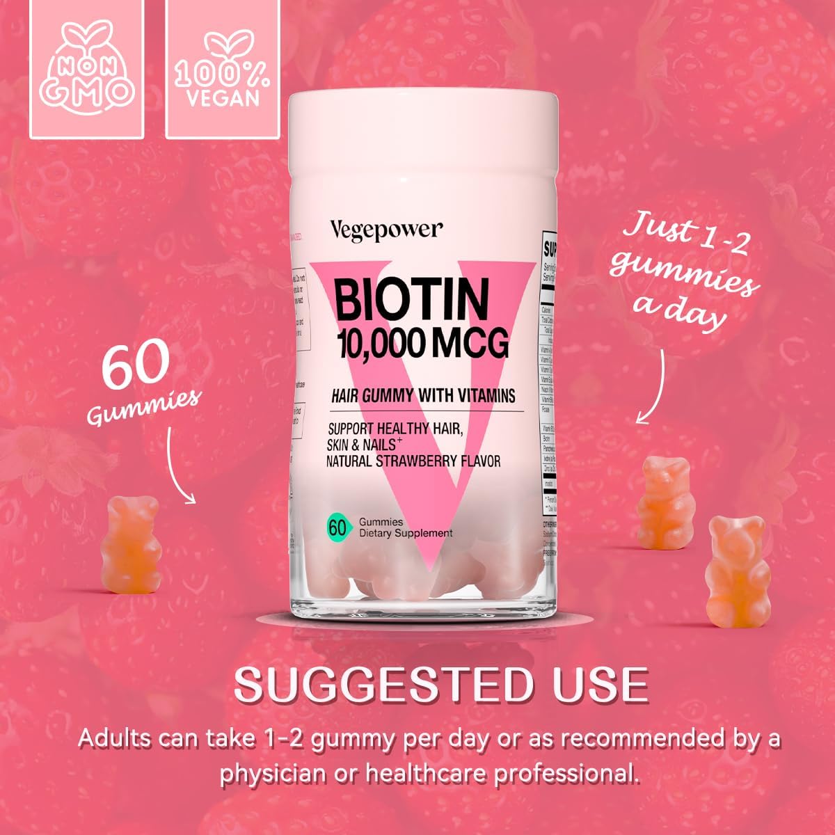 VEGEPOWER Gominolas de Biotina 10000mcg Veganas para el Mantenimiento del Cabello, Piel y Uñas