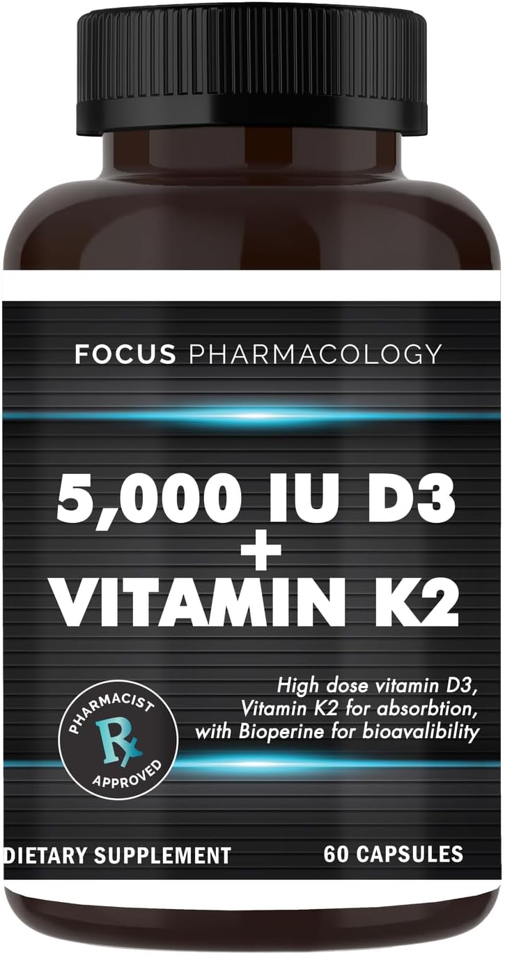 Focus Pharmacology Vitamina D3 5000 UI con Vitamina K2 y Bioperine - 60 Cápsulas