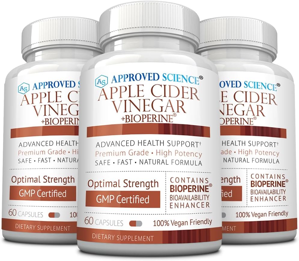 Approved Science Cápsulas de Vinagre de Manzana con 'The Mother' y BioPerine – 1600 mg – Vegano, No-GMO – 60 Cápsulas (Pack de 3)