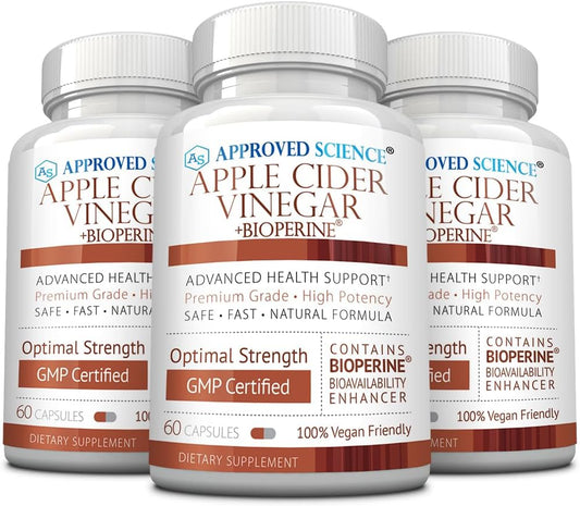 Approved Science Cápsulas de Vinagre de Manzana con 'The Mother' y BioPerine – 1600 mg – Vegano, No-GMO – 60 Cápsulas (Pack de 3)