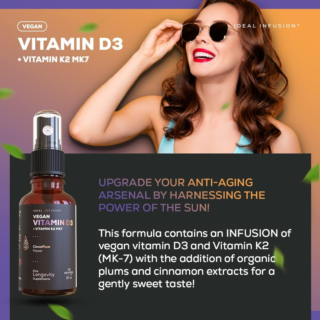 Ideal Infusion Vitamina D3 5000 UI con K2 (MK-7) Spray Líquido Vegano - Sabor Ciruela Orgánica y Canela (75 Dosis)