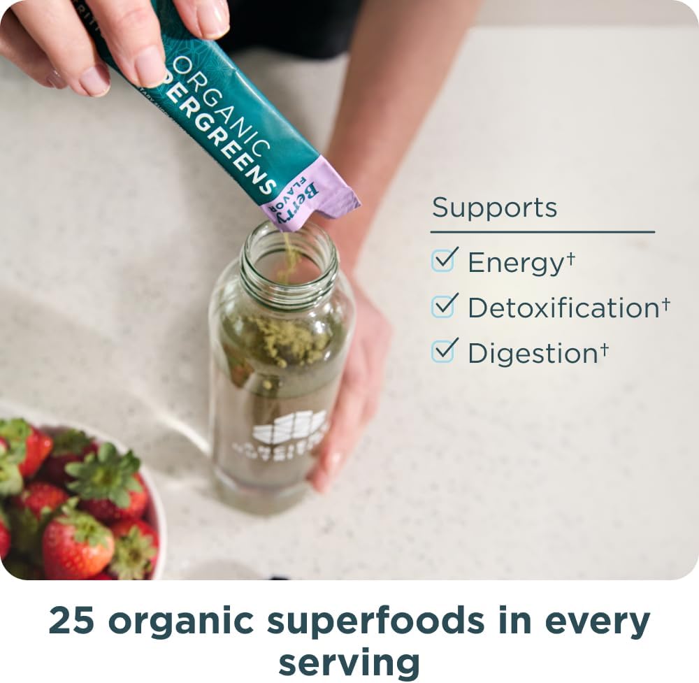 Ancient Nutrition SuperGreens en Polvo con Probióticos, Sabor Bayas Orgánico, 16 Sticks