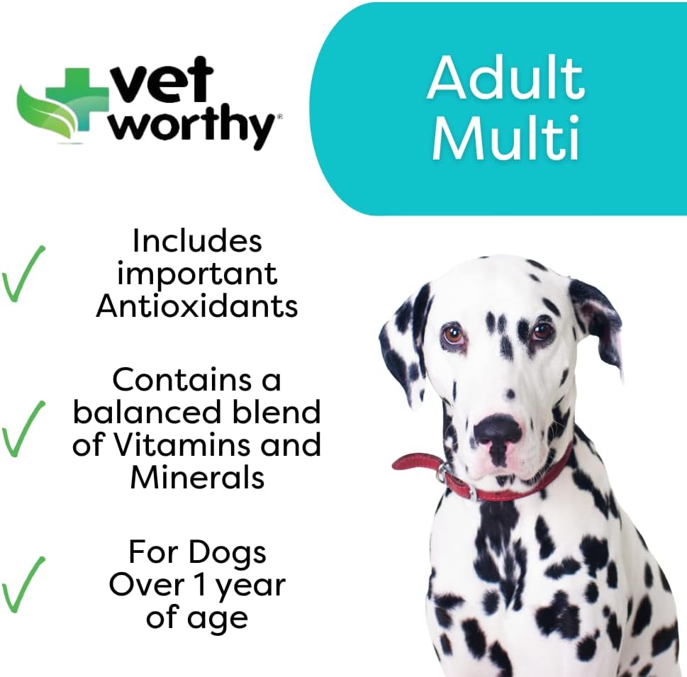 Vet Worthy Adult Multi Vitamins - Multivitamínico para Perros para Apoyar la Salud Óptima y el Bienestar General - Suplemento para Perros con Hierro, Magnesio, Zinc, Vitamina A, Vitaminas del Grupo B - Sabor a Hígado, 60 Comprimidos