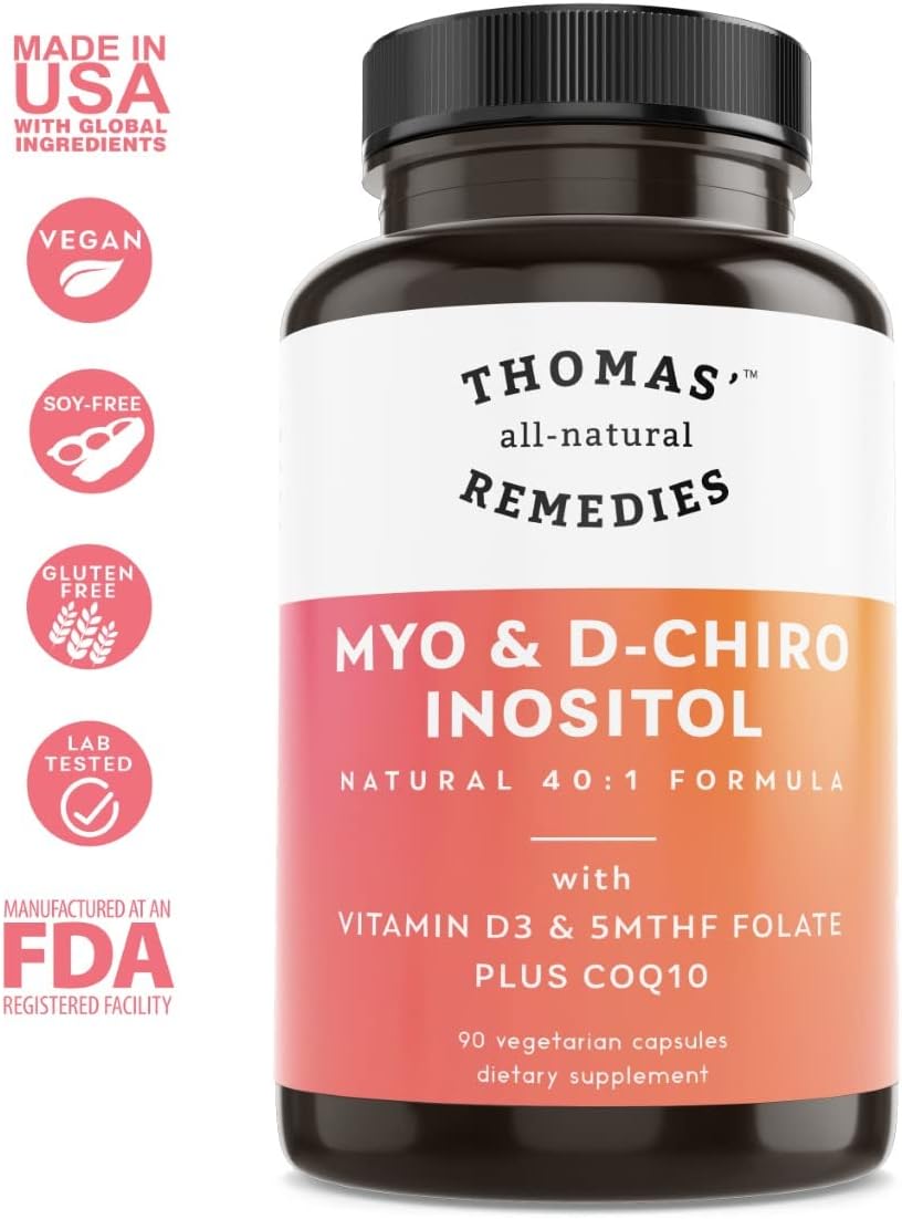 Thomas' all-natural Remedies Myo Inositol & D-Chiro Inositol 40:1 con Folato, Vitamina D3 y CoQ10 - 90 Cápsulas Veganas