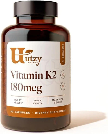 Utzy Naturals Vitamina K2 | 180 mcg de – Salud ósea: Apoya la densidad mineral ósea y la reparación del tejido – Image 1