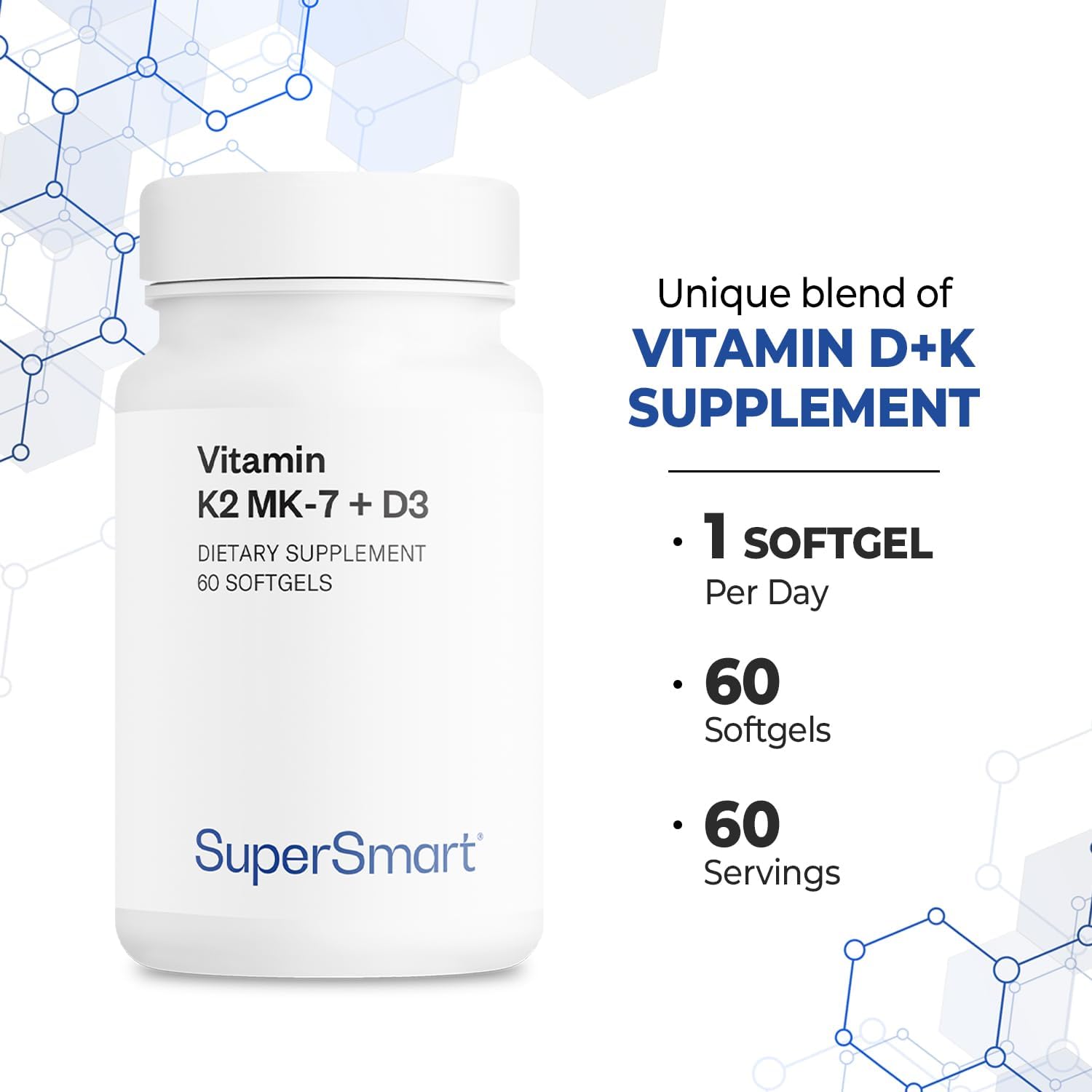 Supersmart Vitamina K2 MK-7 + Vitamina D3 (90 mcg/día) - 60 Cápsulas Blandas