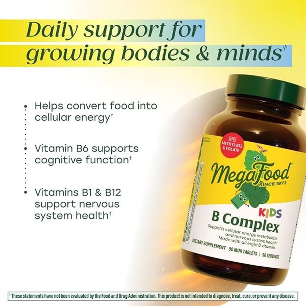 MegaFood Kids Vitamin B Complex – Vitamin B Complex with B12, B6, Folate, Biotin, Zinc, Lemon Balm & L-Theanine – Supports Cellular Energy Metabolism – 30 Mini Tablets