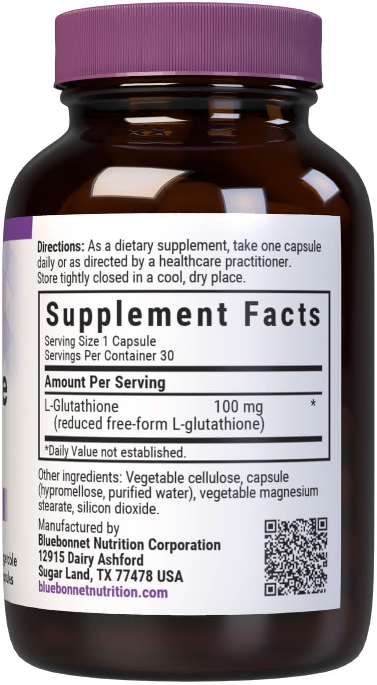 Bluebonnet Nutrition L-Glutathione 100mg – Free Form Amino Acid – Antioxidant Protection – 30 Vegan Capsules