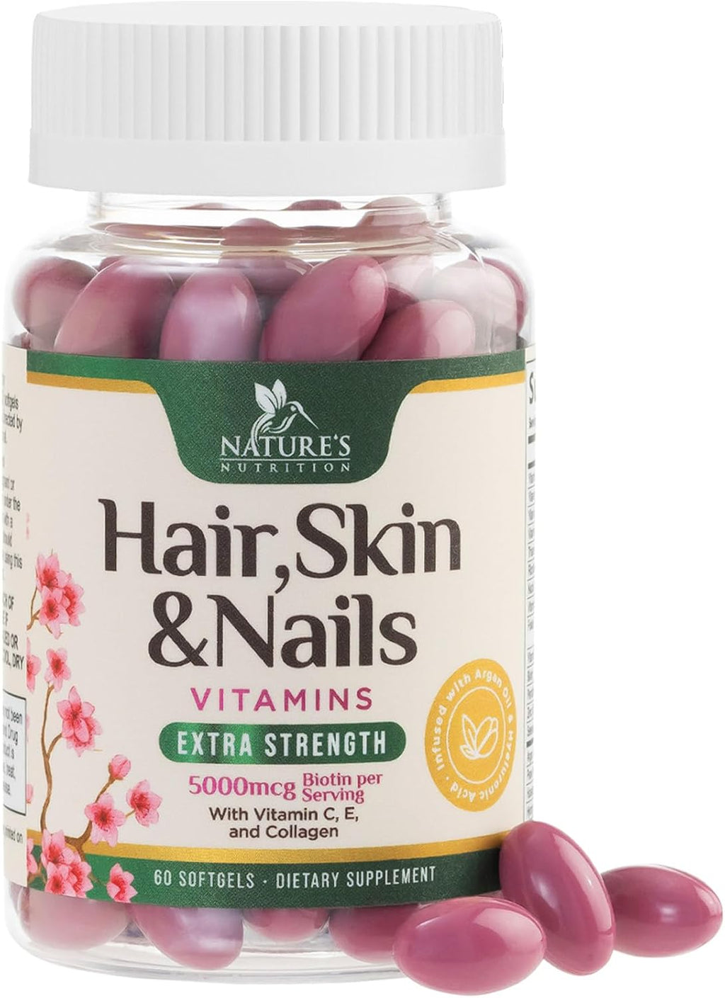 Biotina 5000mcg por dosis - Complejo con Colágeno, Aceite de Argán y Ácido Hialurónico - Suplemento de Belleza para Mujeres y Hombres - 60 Cápsulas Blandas