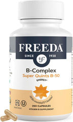 FREEDA Vitamin B-50 Complex – Super Quints B-Complex con B1, B2, B3, B5, B6, Biotina, Folato, B12, Colina e Inositol – 100 Cápsulas Veganas