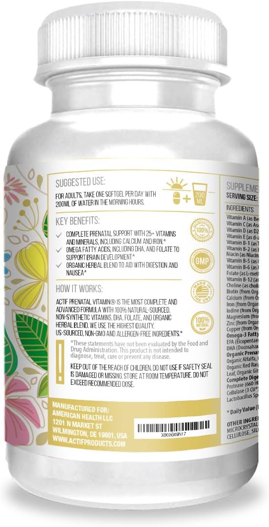 Actif Organic Prenatal Vitamins with 25+ Vitamins, DHA, EPA and Omega 3 - 90 Capsules