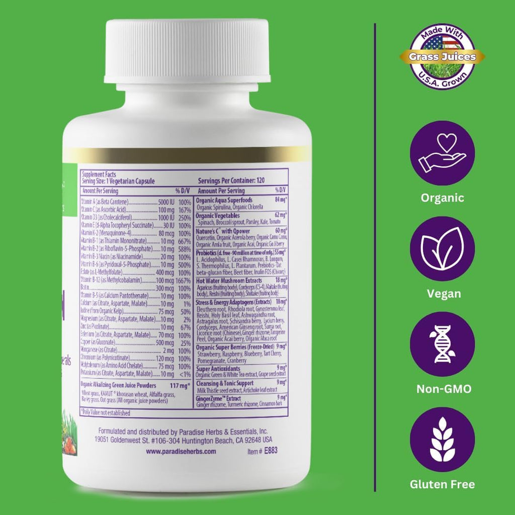 Paradise Herbs Earth's Blend Multivitamínico Diario Sin Hierro – 48 Superalimentos Orgánicos, Probióticos, Antioxidantes, Vitaminas A, B12, C, D, K2 – 120 Cápsulas