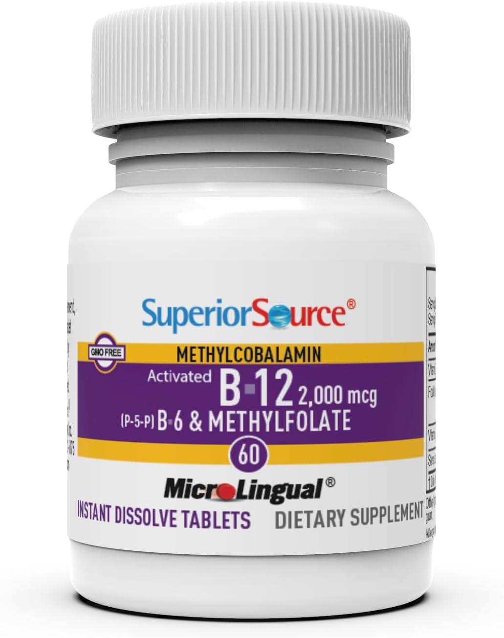 Superior Source No Shot Vitamina B12 Metilcobalamina 2000 mcg, B6 y Metilfolato 1200 mcg - 60 Comprimidos Sublinguales