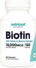 Nutricost Biotina 10.000mcg con Folato y Colágeno Marino - 120 Cápsulas