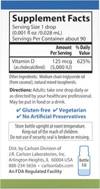 Carlson - Super Daily D3 5,000 UI (125 mcg) por gota, Gotas de Vitamina D, Apoyo Inmunológico, Salud Cardíaca, Vitamina D3 Líquida, Sin Sabor, 90 Gotas