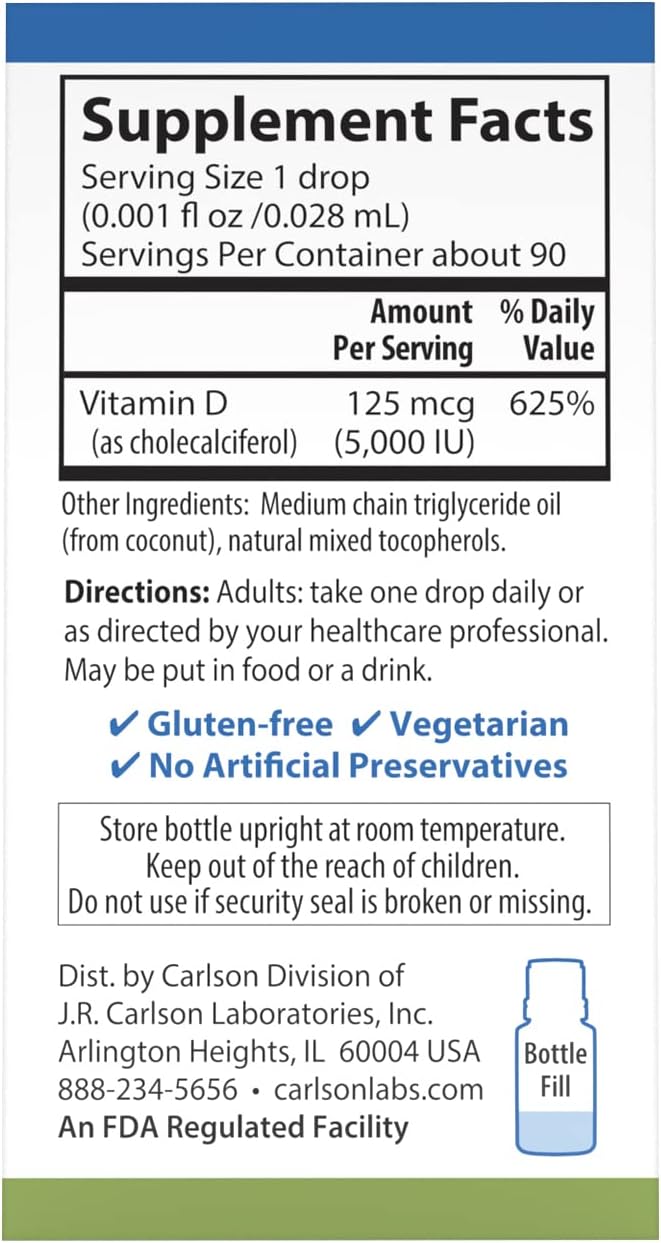 Carlson - Super Daily D3 5,000 UI (125 mcg) por gota, Gotas de Vitamina D, Apoyo Inmunológico, Salud Cardíaca, Vitamina D3 Líquida, Sin Sabor, 90 Gotas