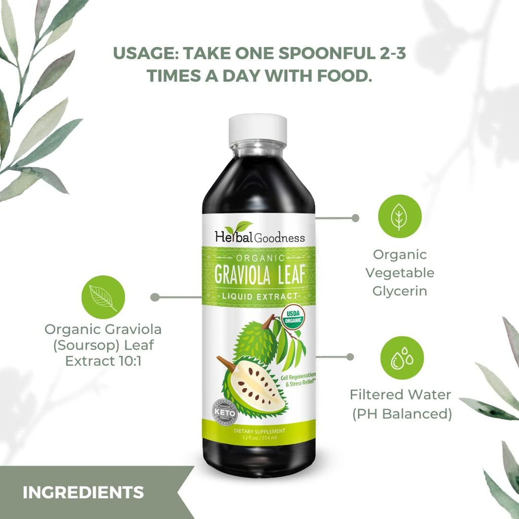 Herbal Goodness Gotas Líquidas de Guanábana Graviola 355 ml - Extracto Orgánico de Hojas de Guanábana 15x para Apoyo Digestivo, Celular e Inmune - Vegano, Sin OGM, Hecho en EE.UU.
