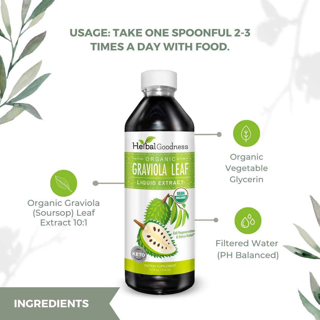 Herbal Goodness Gotas Líquidas de Guanábana Graviola 355 ml - Extracto Orgánico de Hojas de Guanábana 15x para Apoyo Digestivo, Celular e Inmune - Vegano, Sin OGM, Hecho en EE.UU.