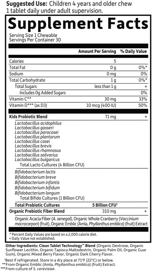 Garden of Life Dr. Formulated Probiotics Organic Kids+ - Probióticos para Niños con Fibra Prebiótica y Vitaminas C y D - Sabor Bayas Cereza, 30 Gomitas