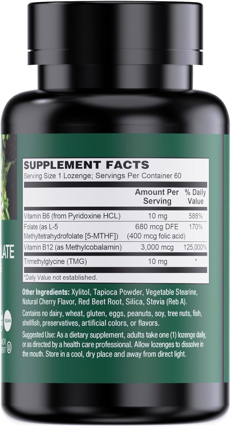 PlantFusion Vegan B12 Methyl 3000 mcg + Folate 400 mcg - Vitamina B12 Sublingual - 60 Pastillas - Sabor Cereza