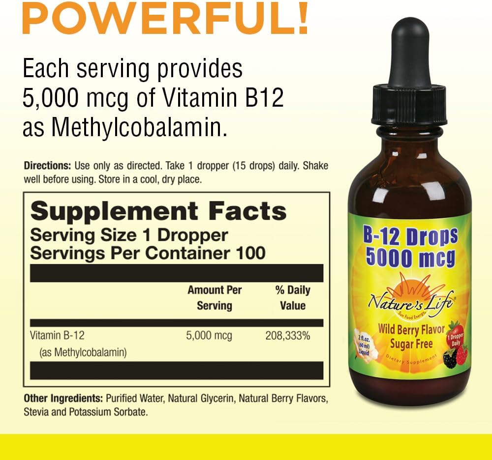 Nature's Life B12 Drops 5000 mcg - Methylcobalamin Vitamin B12 - Natural Mixed Berry Flavor Liquid Supplement, Sugar-Free 59 ml