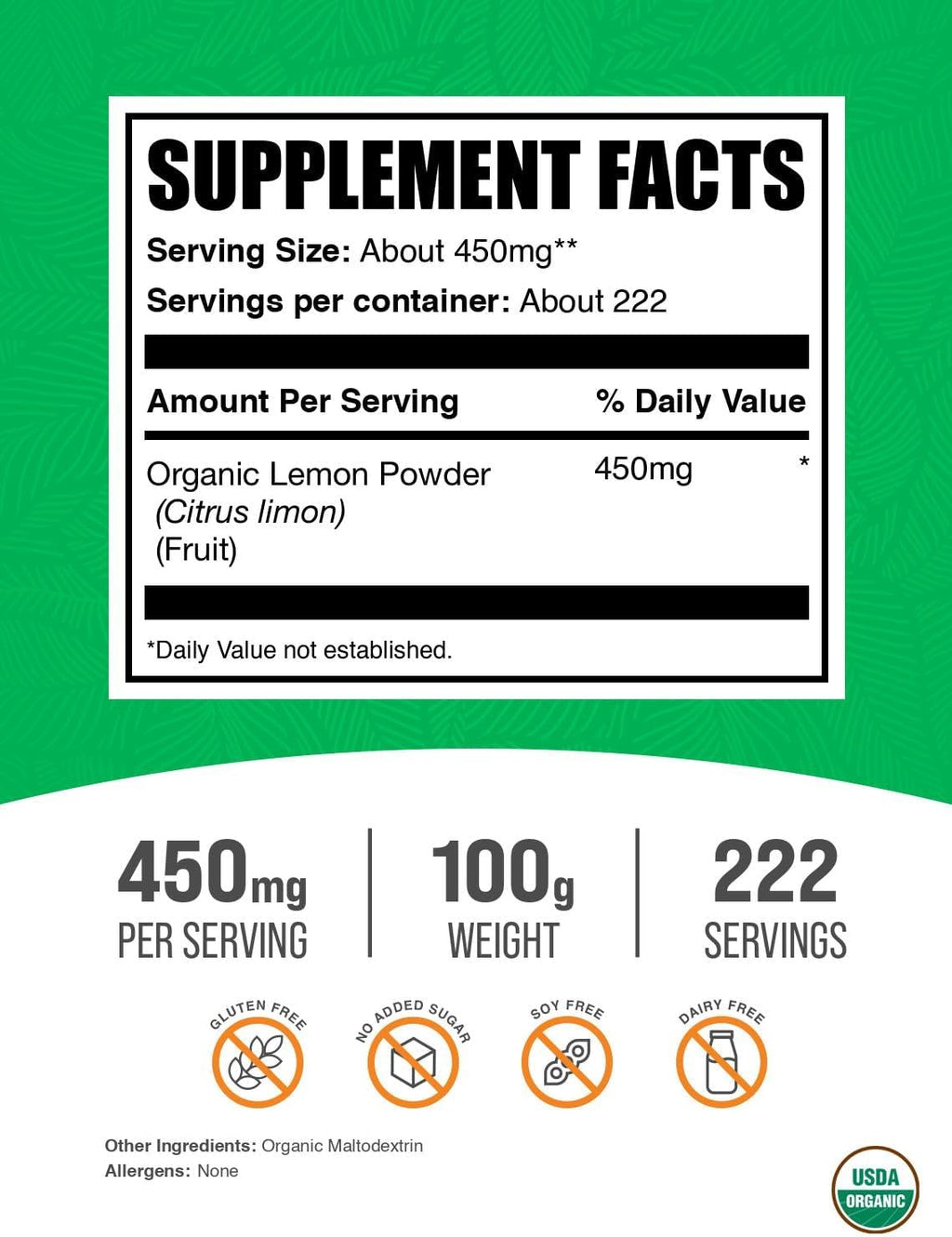 BulkSupplements.com Polvo de Limón Orgánico - Fuente Natural de Vitamina C, Polvo de Fruta, Sabor a Limón - Sin Gluten, 450mg por Ración, 100g (3.5 oz) (Paquete de 1)