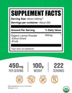 BulkSupplements.com Polvo de Limón Orgánico - Fuente Natural de Vitamina C, Polvo de Fruta, Sabor a Limón - Sin Gluten, 450mg por Ración, 100g (3.5 oz) (Paquete de 1)