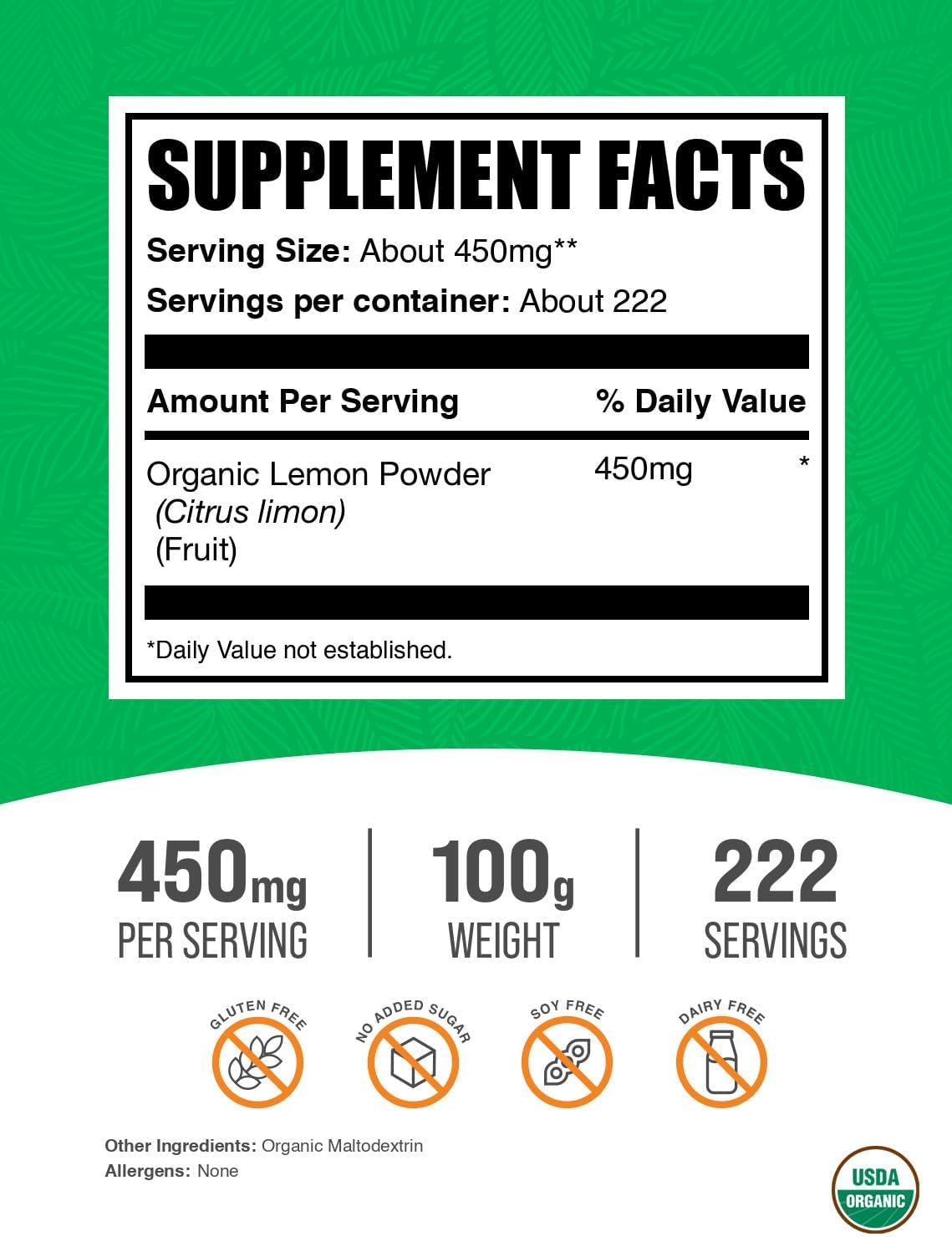 BulkSupplements.com Polvo de Limón Orgánico - Fuente Natural de Vitamina C, Polvo de Fruta, Sabor a Limón - Sin Gluten, 450mg por Ración, 100g (3.5 oz) (Paquete de 1)