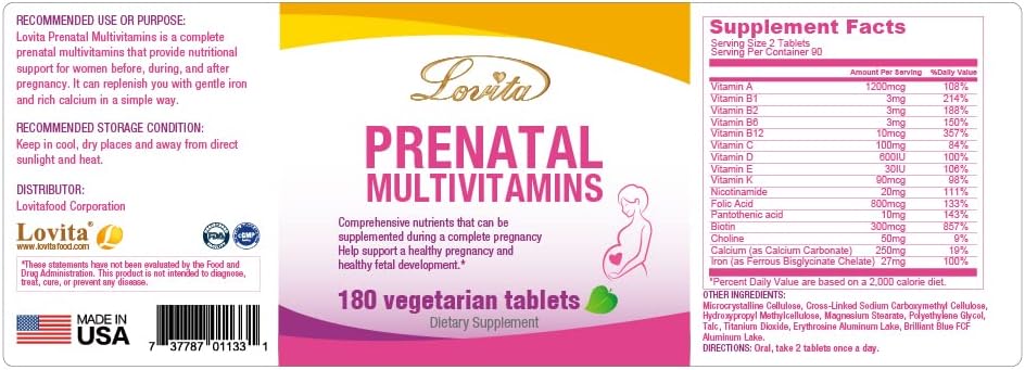 LOVITA Prenatal Multivitamins - 180 Comprimidos Vegetarianos
