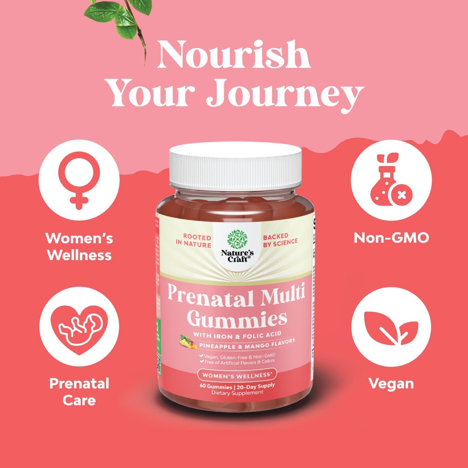 Natures Craft Gominolas Prenatales Veganas con Hierro y Ácido Fólico - Sabor Mango y Piña - 60 Gominolas