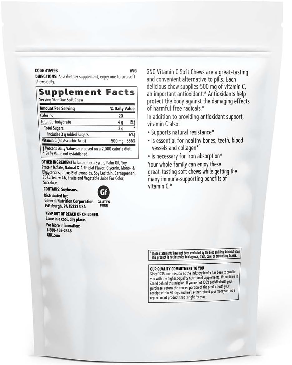 GNC Vitamina C Soft Chews 500mg, Naranja, 60 Comprimidos