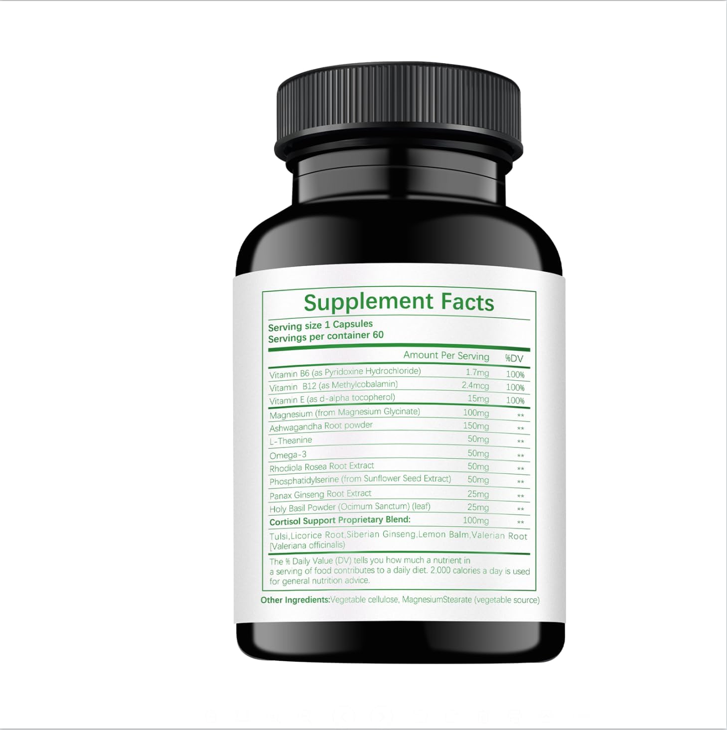 Suplemento de Control de Cortisol 15 en 1 con Magnesio Glicinato, L-Teanina, Ashwagandha y Rhodiola Rosea – 60 Cápsulas