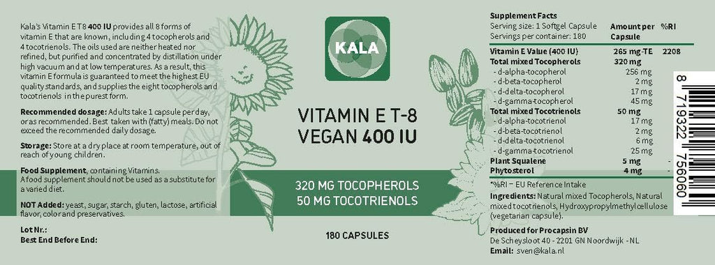 Procapsin Vitamina E Completa - 400 UI - 180 Cápsulas - Todos los 8 Tocoferoles y Tocotrienoles - Vegano