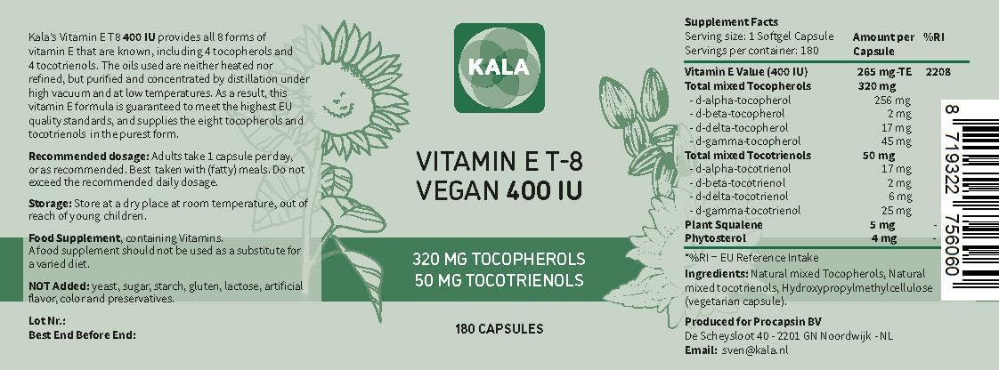 Procapsin Vitamina E Completa - 400 UI - 180 Cápsulas - Todos los 8 Tocoferoles y Tocotrienoles - Vegano