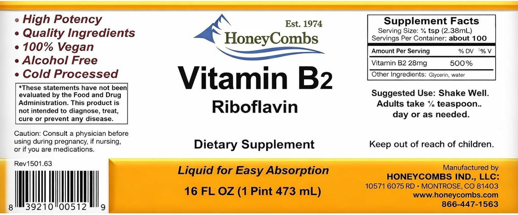 HoneyCombs Riboflavina Vitamina B2 Líquida Gotas, 473 ml | 750% VD, Sin Alcohol, Alternativa a Cápsulas