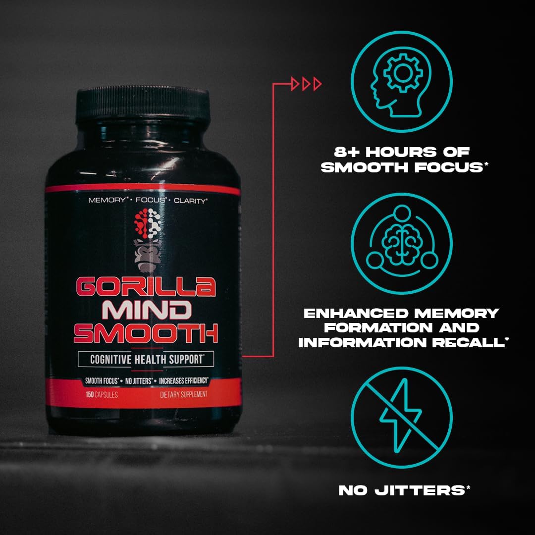 Gorilla Mind Smooth Fórmula Nootrópica Sin Estimulantes - Enfoque, Memoria, Claridad Mental - 150 Cápsulas