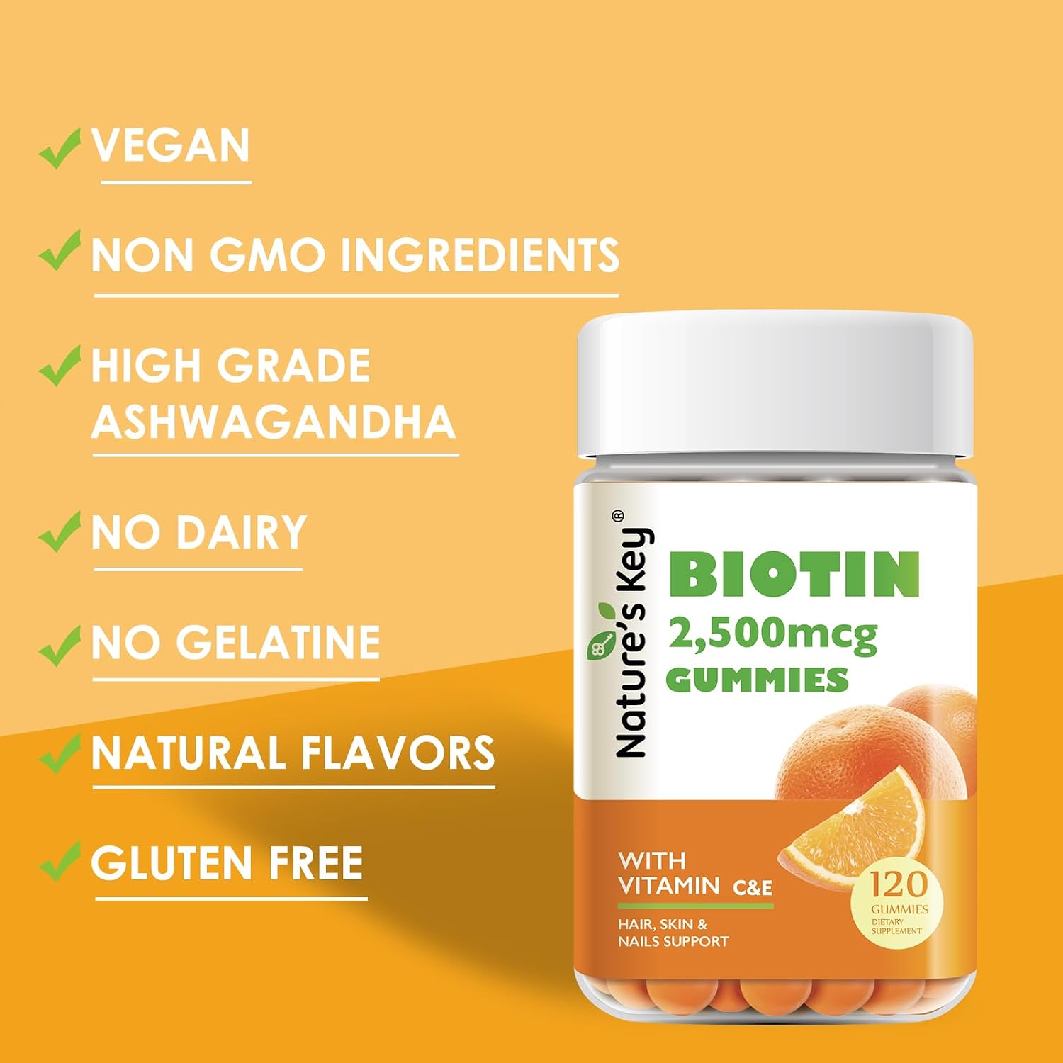 Nature's Key Biotin Gummies con Vitaminas C y E - Mantenimiento del Cabello, Piel y Uñas - Vegano - Sabor Naranja - 120 Gominolas