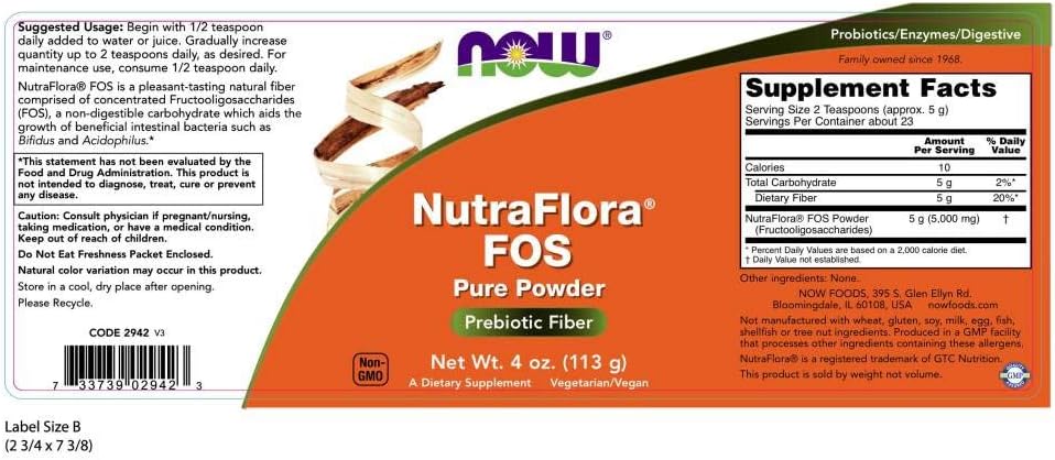 NOW Nutra Flora Fos - Polvo de Fructooligosacáridos - 113 g (Pack de 2)