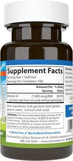Carlson - Vitamin A, 25,000 IU (7,500 mcg RAE), For Vision and Skin, Immune Health, 100 Soft Gels