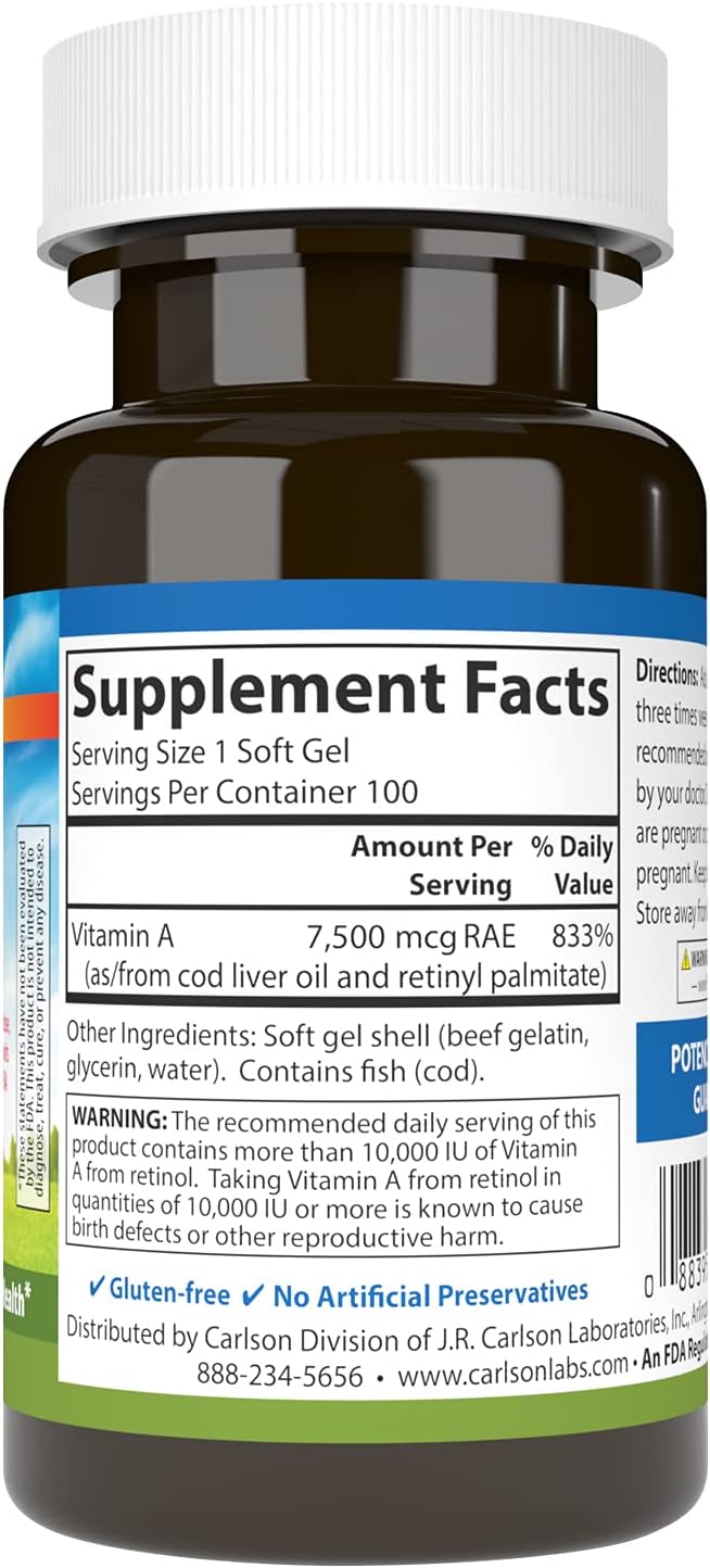 Carlson - Vitamin A, 25,000 IU (7,500 mcg RAE), For Vision and Skin, Immune Health, 100 Soft Gels