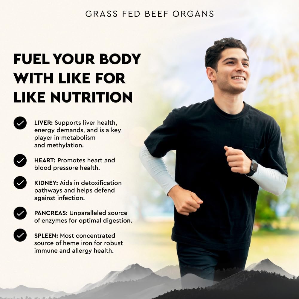 Ancestral Supplements Suplemento de Órganos de Res Alimentados con Pasto - Mezcla de Hígado, Corazón, Riñón, Páncreas, Bazo - Liofilizado - No GMO - 180 Cápsulas