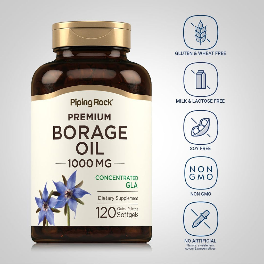 Piping Rock Aceite de Borraja 1000mg | 120 Cápsulas Blandas | Omega 3 6 9 | Prensado en Frío y Sin Hexano | No OGM, Sin Gluten